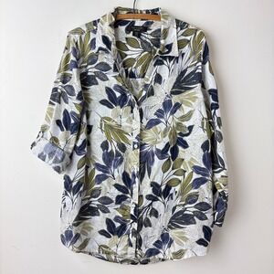 Tahari 100% Linen Button Up Top 1X / XL Blue Green Leaf Print Coastal Tropical